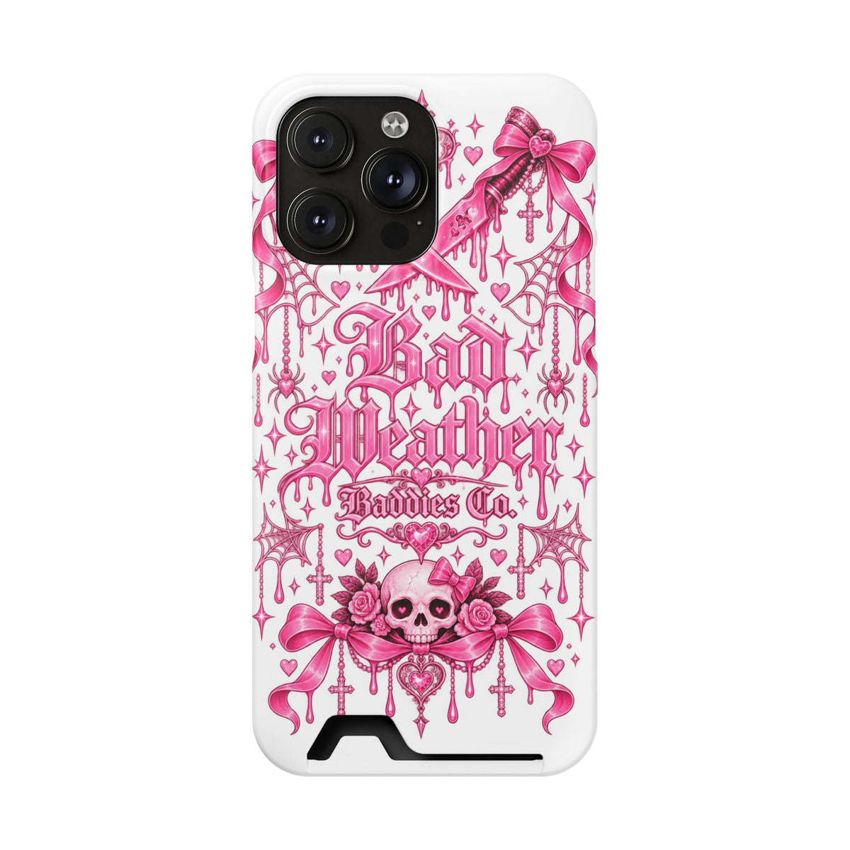 Pink Gothic Coquette Phone Case With Built In Card Holder For Cards