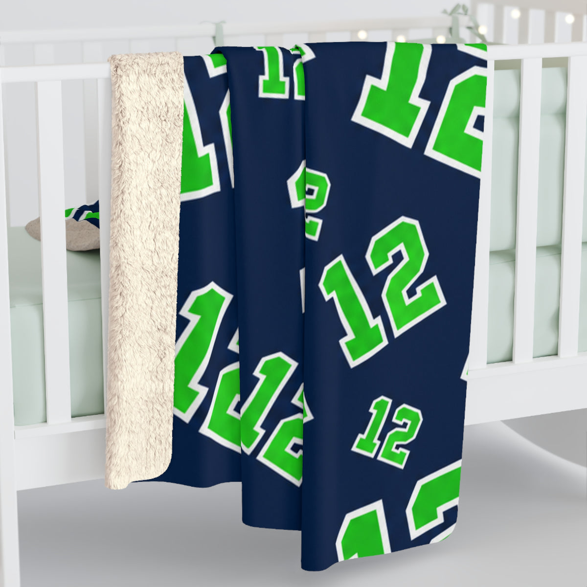 PNW 12 Fan Sherpa Fleece Blanket | Navy & Green Football Blanket | Game Day Gift | Cozy Sports Fan Throw