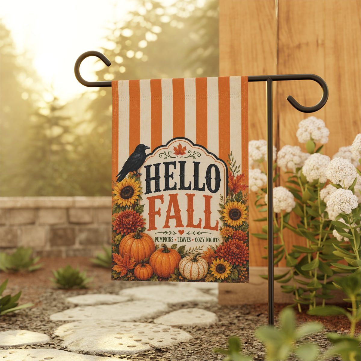 Hello Fall Striped Garden Flag