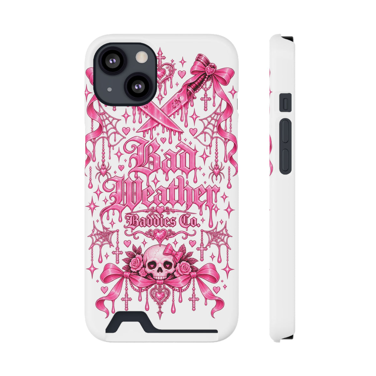Pink Gothic Coquette Phone Case With Built In Card Holder For Cards