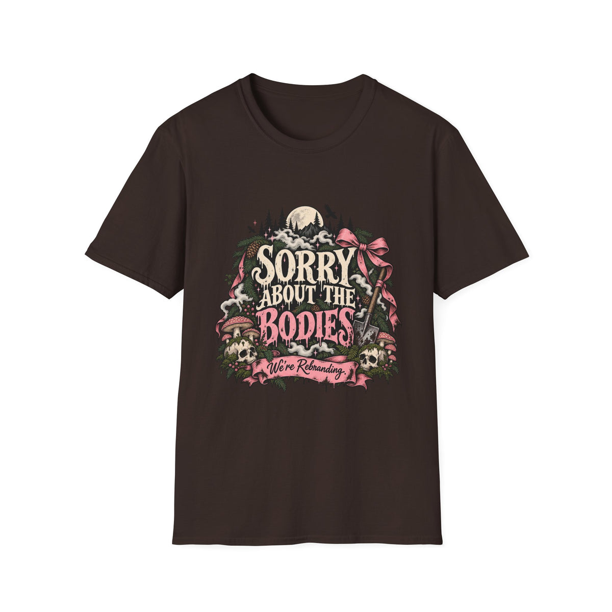 Creepy cute skull and pink bow graphic tee mockup