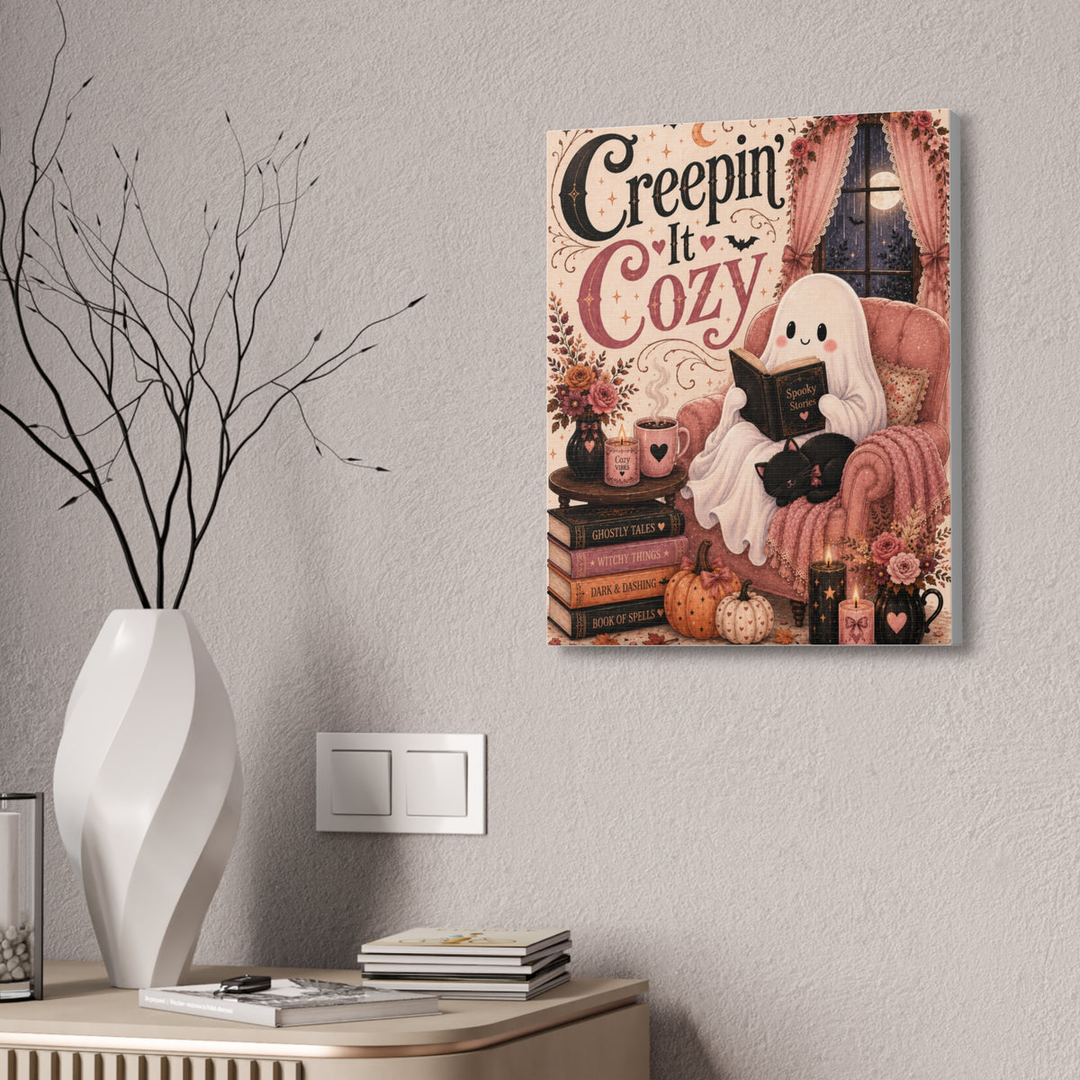 Creepin’ It Cozy Halloween Canvas | Cute Ghost Reading Nook Wall Art Canvas Stretched, 1.5''