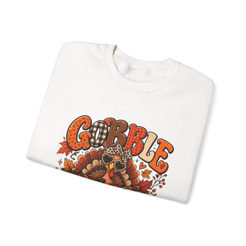 Gobble Till You Wobble Thanksgiving Turkey Crewneck Sweatshirt With Fall Leaves