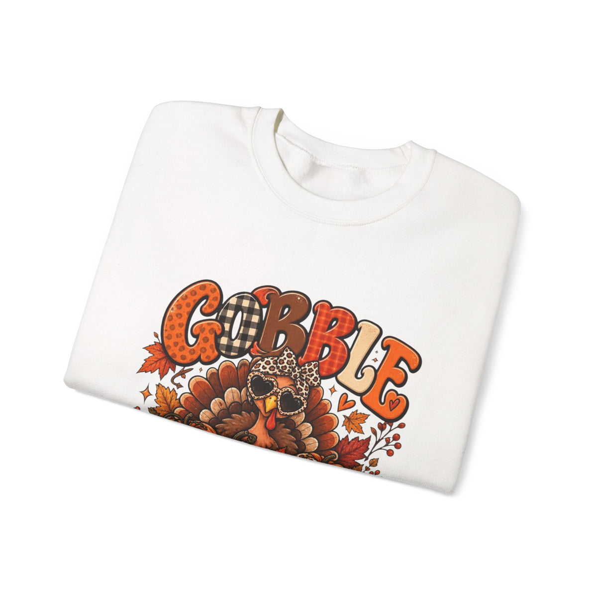 Gobble Till You Wobble Thanksgiving Turkey Crewneck Sweatshirt With Fall Leaves