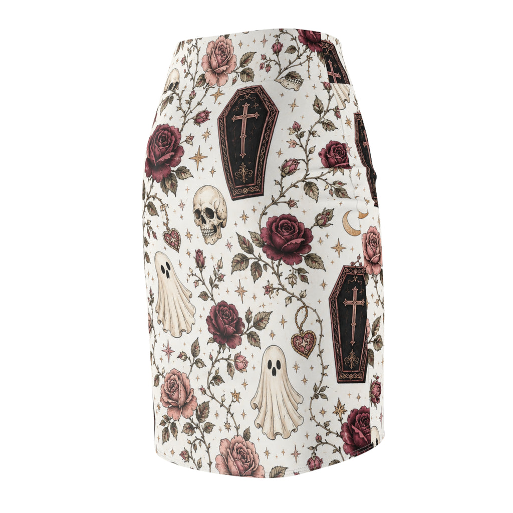 Gothic Coffin & Floral Pencil Skirt | White