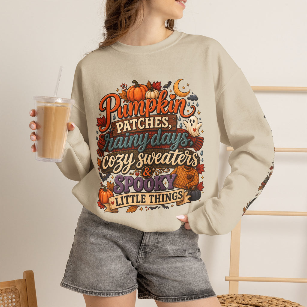 Pumpkin Patches Rainy Days Cozy Sweaters Shirt | Spooky Little Things Fall Tee | Autumn Sleeve Design Sweatshirt | Cute Ghost Fall Shirt