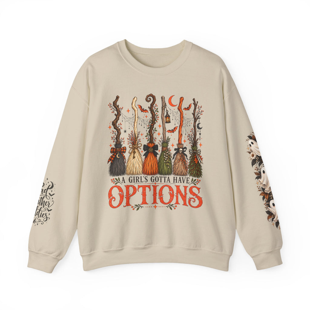 A Girl Gotta Have Options Witchy Halloween Broom Print Crewneck Sweatshirt