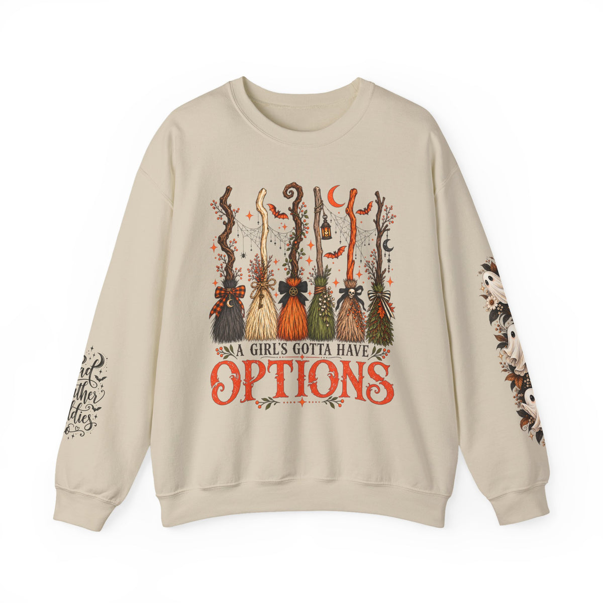 A Girl Gotta Have Options Witchy Halloween Broom Print Crewneck Sweatshirt