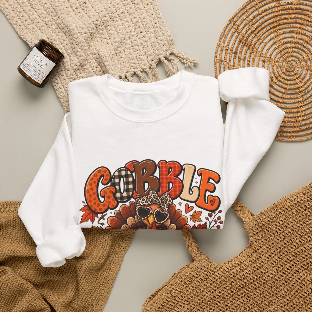 Gobble Till You Wobble Thanksgiving Turkey Crewneck Sweatshirt With Fall Leaves