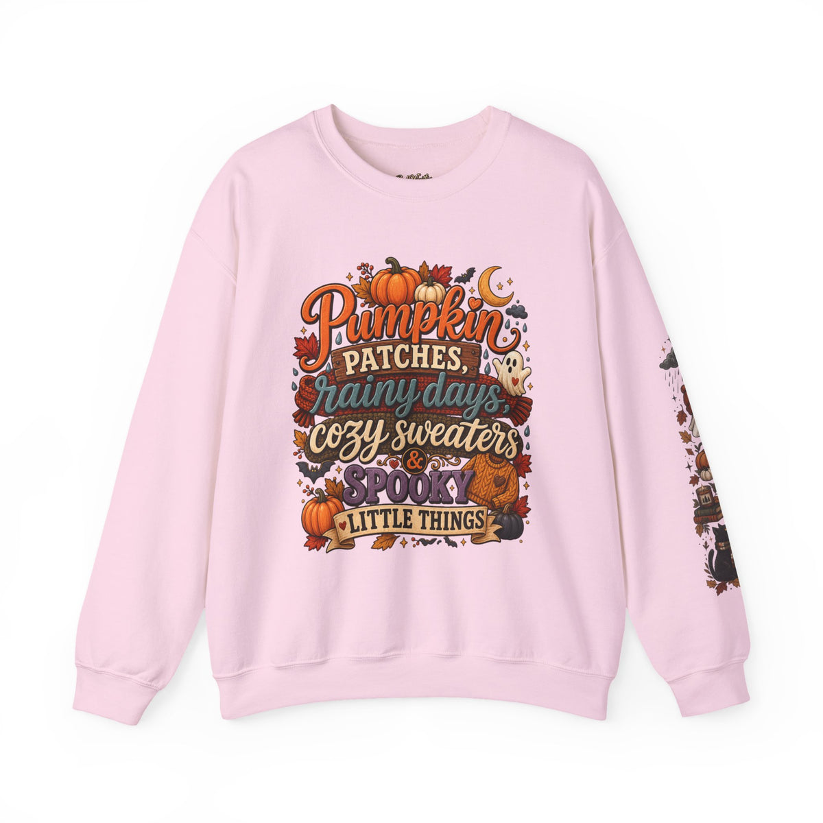 Pumpkin Patches Rainy Days Cozy Sweaters Shirt | Spooky Little Things Fall Tee | Autumn Sleeve Design Sweatshirt | Cute Ghost Fall Shirt