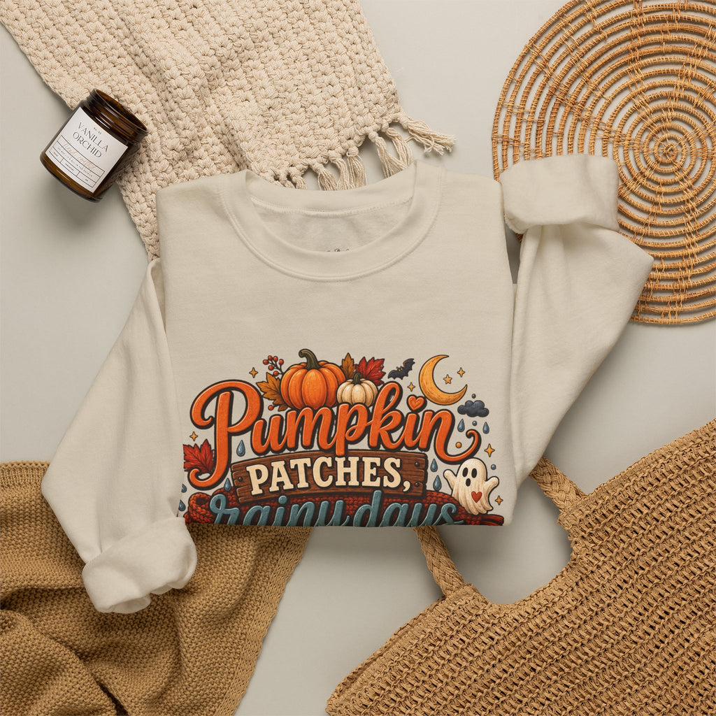 Pumpkin Patches Rainy Days Cozy Sweaters Shirt | Spooky Little Things Fall Tee | Autumn Sleeve Design Sweatshirt | Cute Ghost Fall Shirt