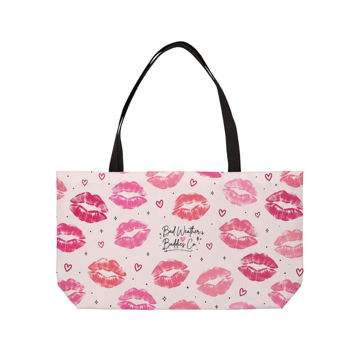 Pink Kiss Print Weekender Tote Bag | Cute Travel Bag | Girly Overnight Weekend Getaway Tote Bag Bad Weather Baddies Co. Weekender Tote Bag