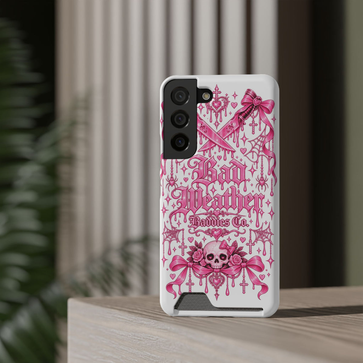 Pink Gothic Coquette Phone Case With Built In Card Holder For Cards