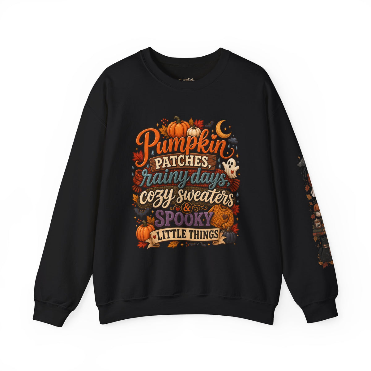 Pumpkin Patches Rainy Days Cozy Sweaters Shirt | Spooky Little Things Fall Tee | Autumn Sleeve Design Sweatshirt | Cute Ghost Fall Shirt