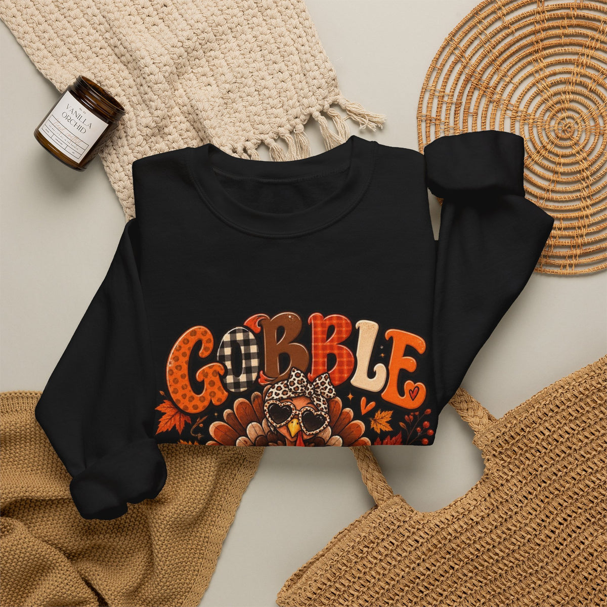 Gobble Till You Wobble Thanksgiving Turkey Crewneck Sweatshirt With Fall Leaves
