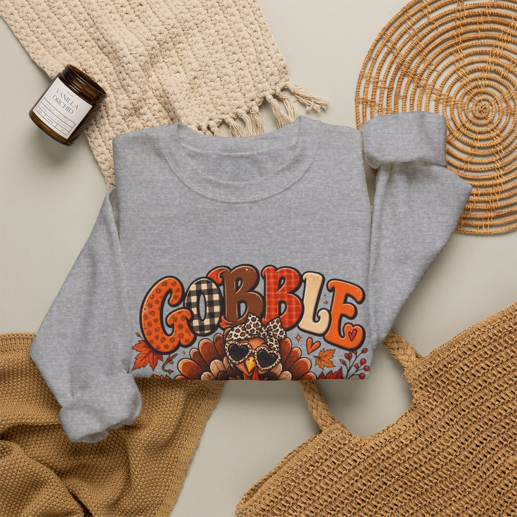 Gobble Till You Wobble Thanksgiving Turkey Crewneck Sweatshirt With Fall Leaves