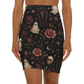 Gothic Coffin & Floral Mid-Waist Pencil Skirt | Black