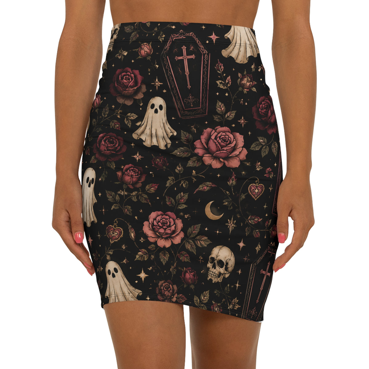Gothic Coffin & Floral Mid-Waist Pencil Skirt | Black