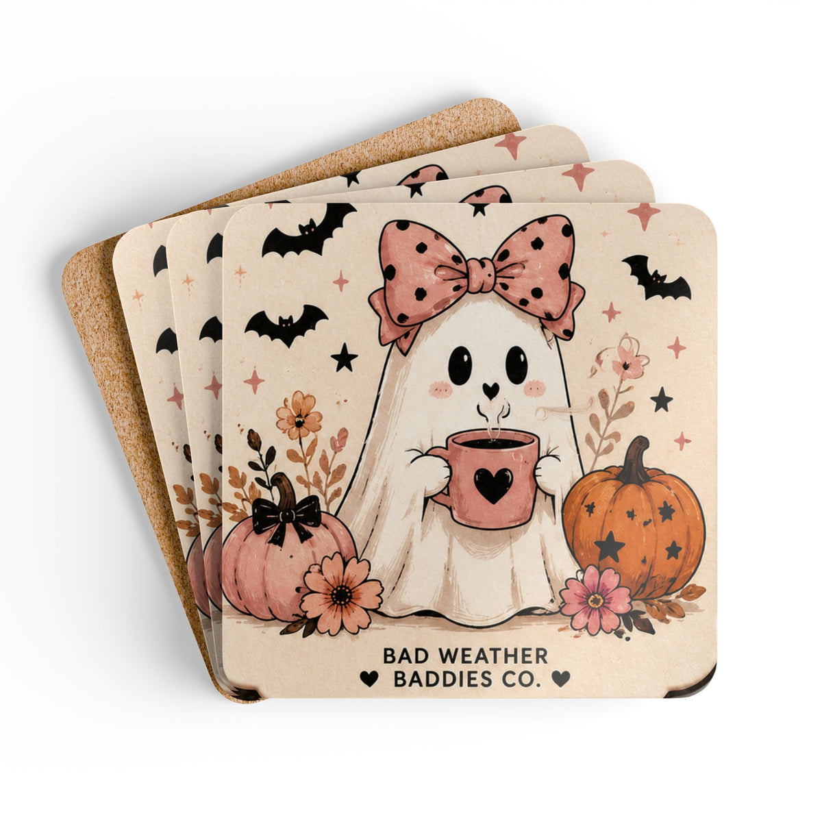 Cute Ghost Coaster Set | Halloween Drink Coasters, Set of 4, Pink Pumpkin Spooky Cute Decor