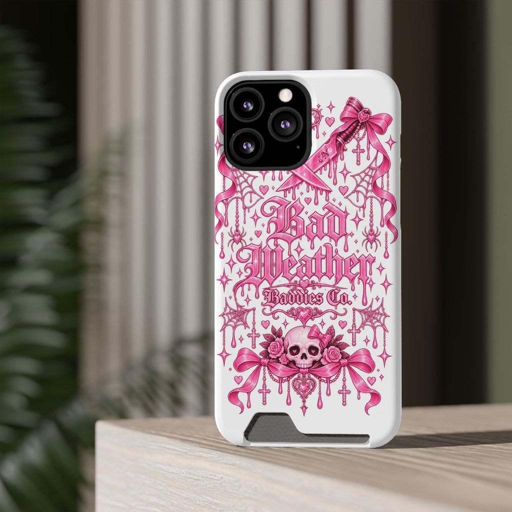 Pink Gothic Coquette Phone Case With Built In Card Holder For Cards