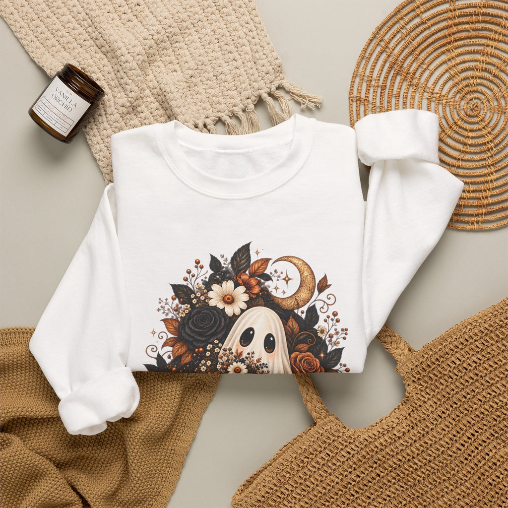 Unisex Autumn Ghost Floral Crewneck Sweatshirt With Spooky Fall Art