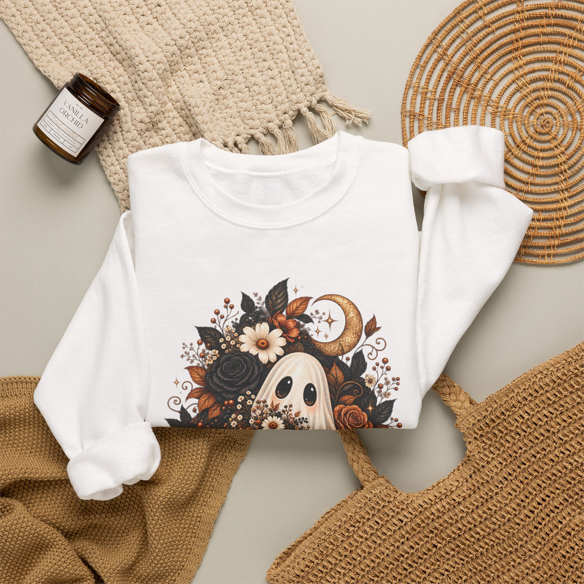 Unisex Autumn Ghost Floral Crewneck Sweatshirt With Spooky Fall Art