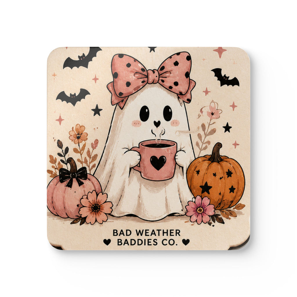 Cute Ghost Coaster Set | Halloween Drink Coasters, Set of 4, Pink Pumpkin Spooky Cute Decor