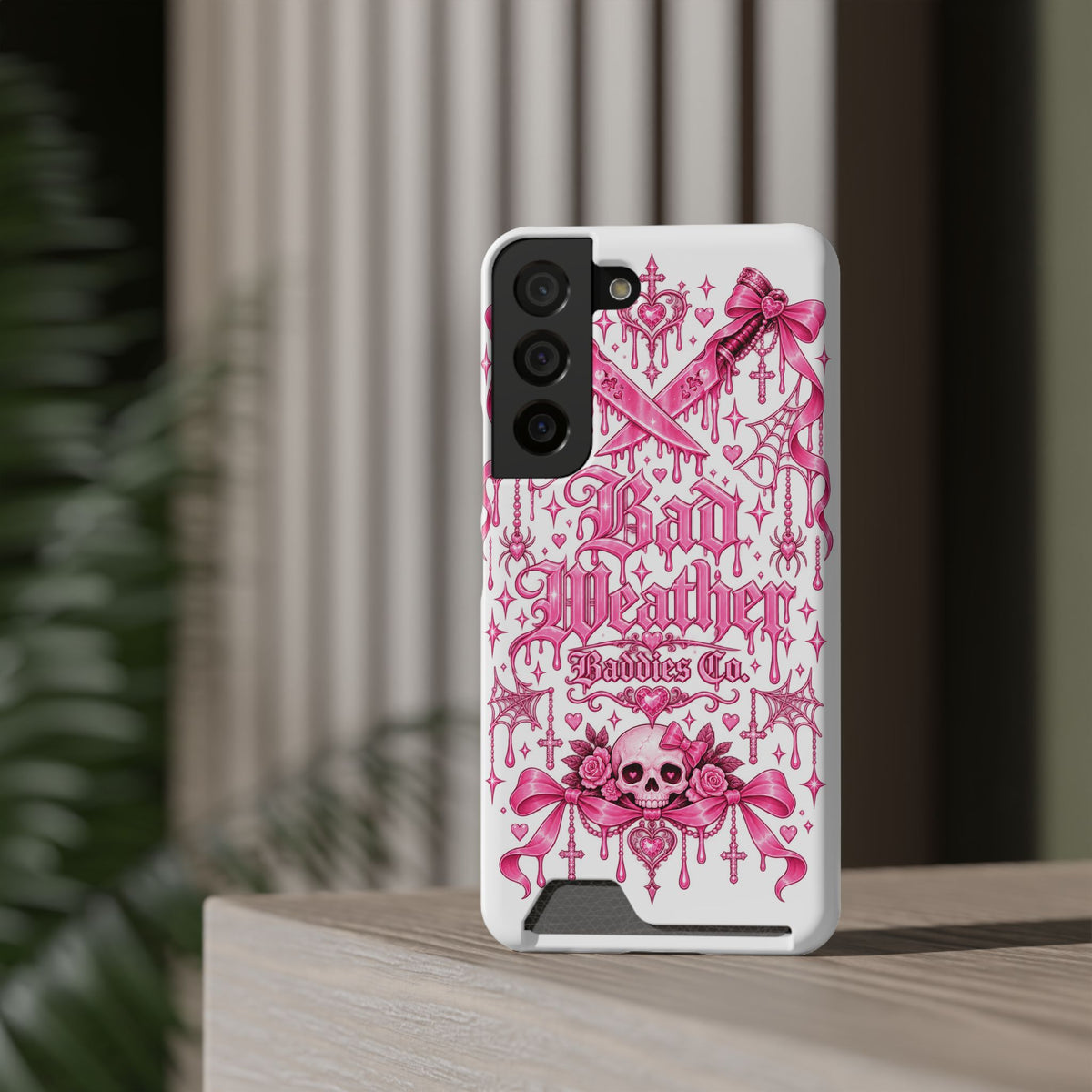 Pink Gothic Coquette Phone Case With Built In Card Holder For Cards