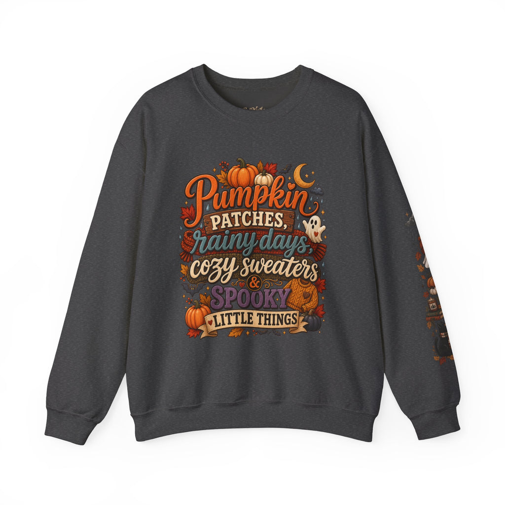 Pumpkin Patches Rainy Days Cozy Sweaters Shirt | Spooky Little Things Fall Tee | Autumn Sleeve Design Sweatshirt | Cute Ghost Fall Shirt