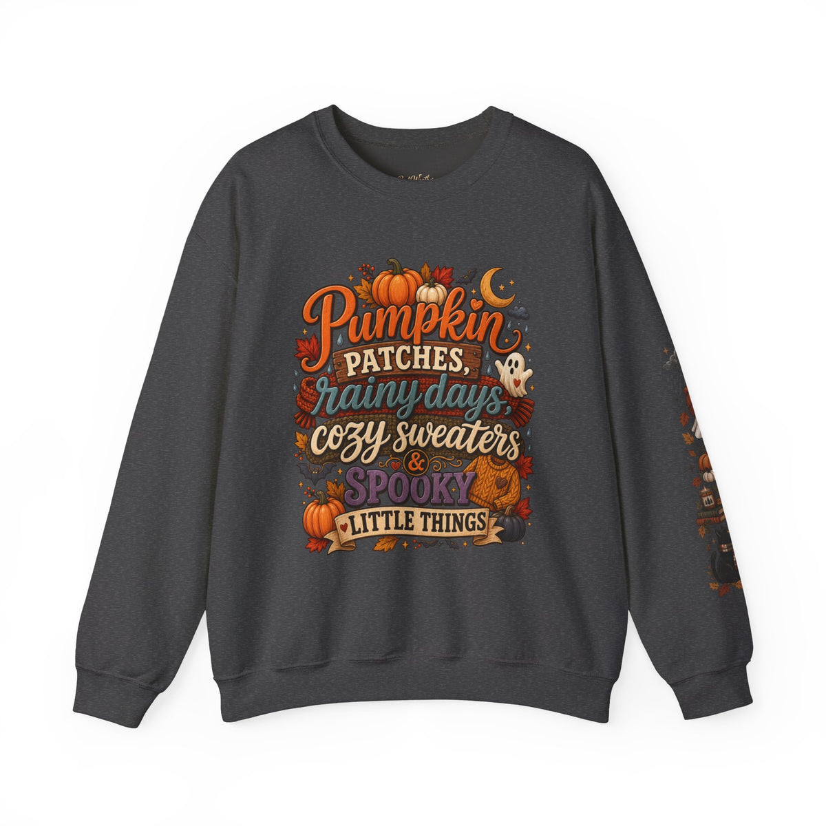 Pumpkin Patches Rainy Days Cozy Sweaters Shirt | Spooky Little Things Fall Tee | Autumn Sleeve Design Sweatshirt | Cute Ghost Fall Shirt