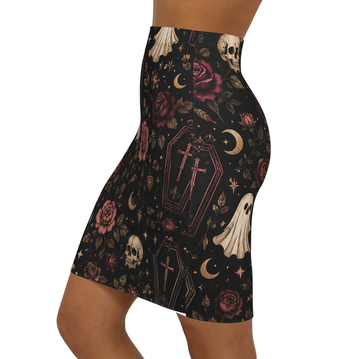 Gothic Coffin & Floral Mid-Waist Pencil Skirt | Black