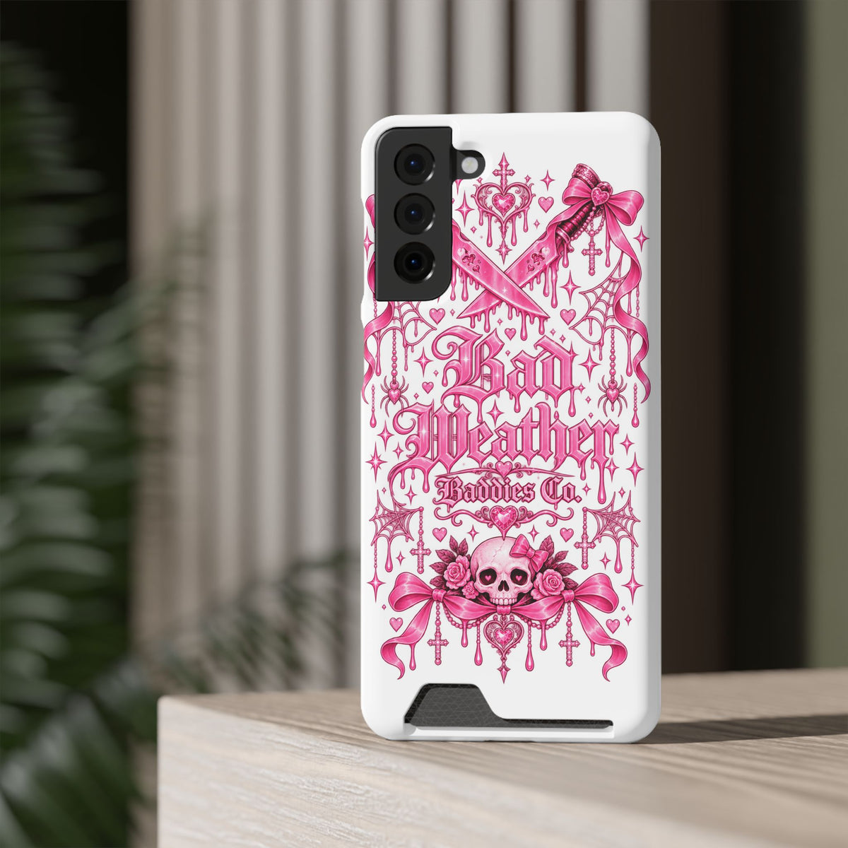 Pink Gothic Coquette Phone Case With Built In Card Holder For Cards