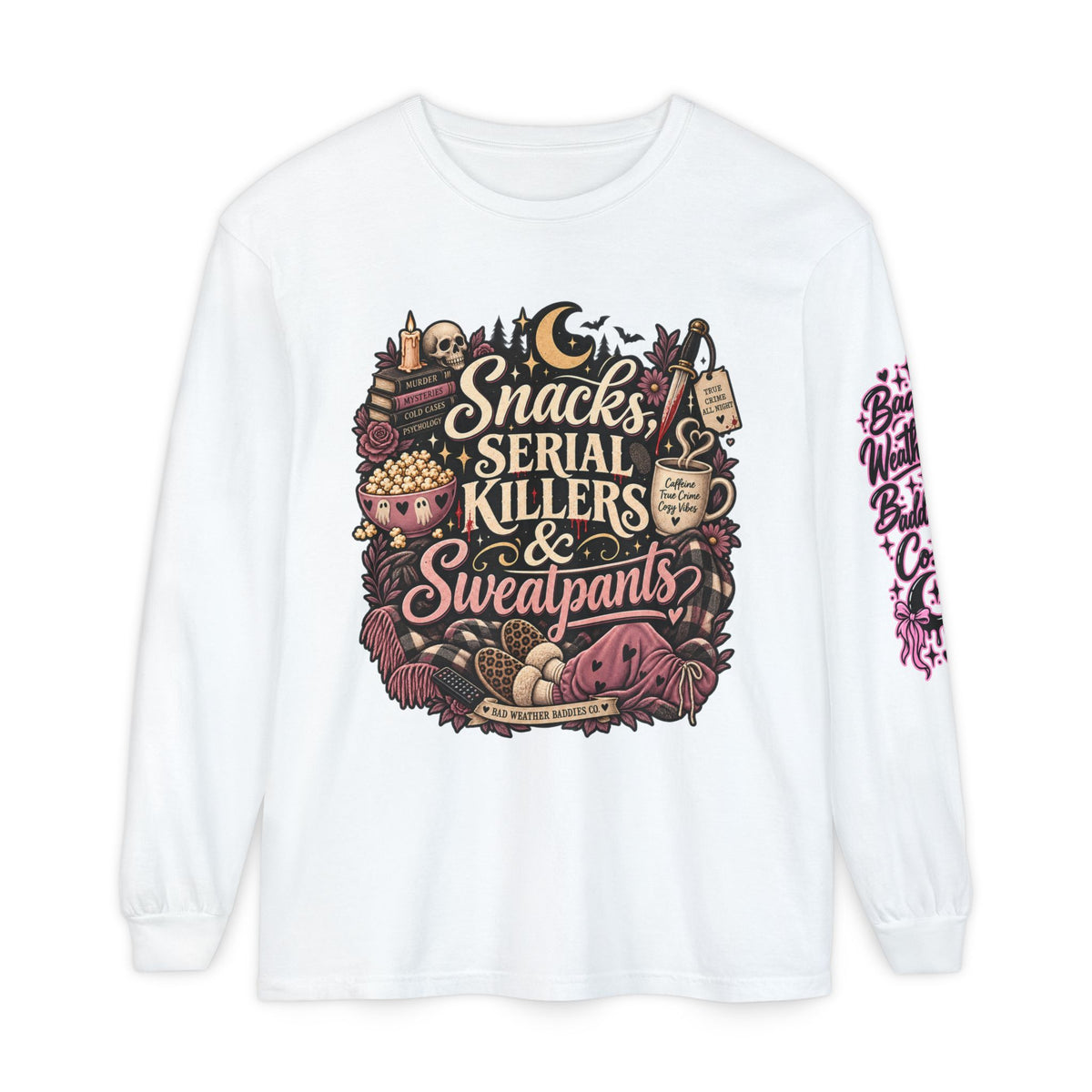 Snacks, Serial Killers & Sweatpants Long Sleeve Shirt | True Crime Lover Comfort Colors Tee | Cozy Crime Graphic Shirt