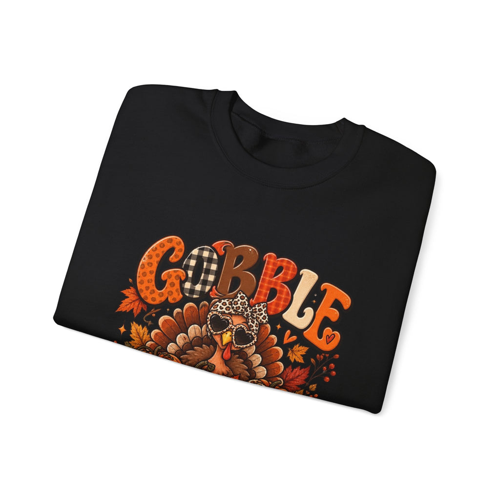 Gobble Till You Wobble Thanksgiving Turkey Crewneck Sweatshirt With Fall Leaves
