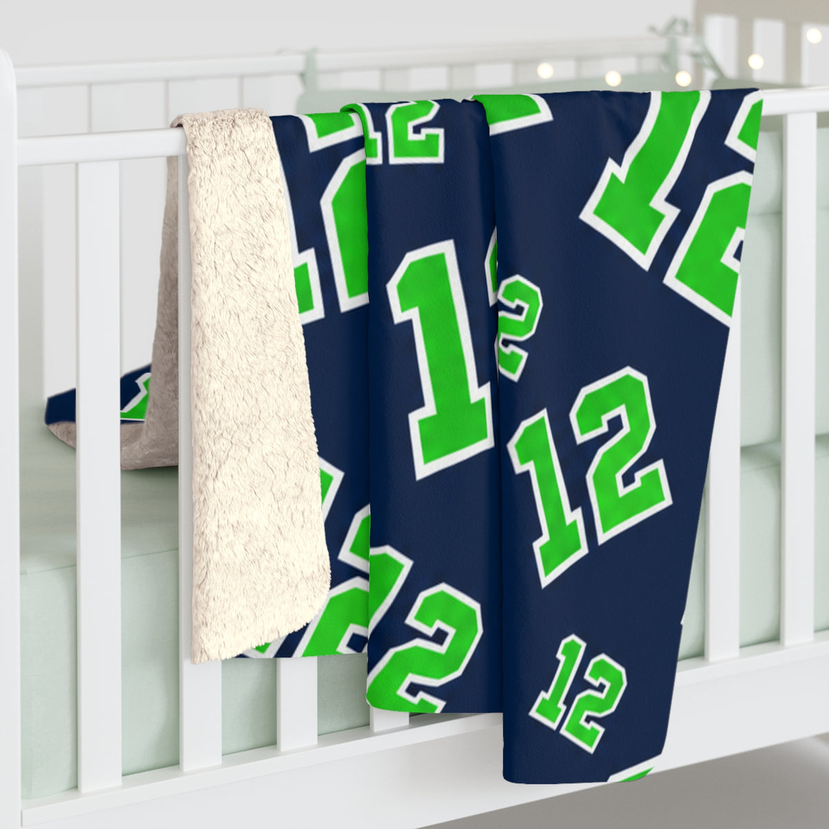 PNW 12 Fan Sherpa Fleece Blanket | Navy & Green Football Blanket | Game Day Gift | Cozy Sports Fan Throw