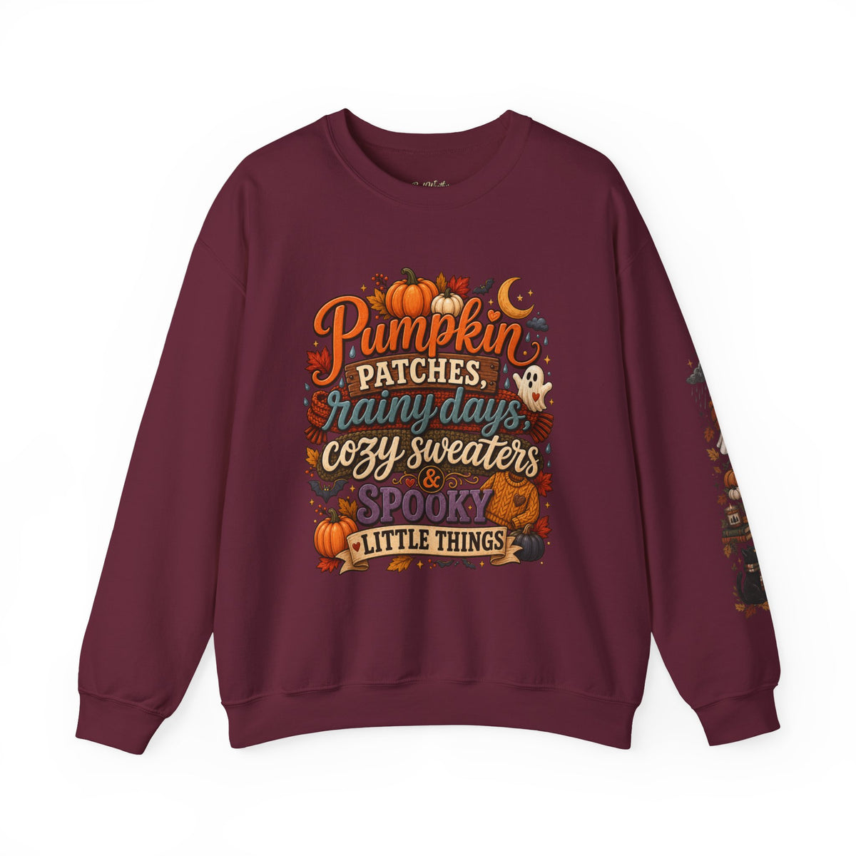 Pumpkin Patches Rainy Days Cozy Sweaters Shirt | Spooky Little Things Fall Tee | Autumn Sleeve Design Sweatshirt | Cute Ghost Fall Shirt