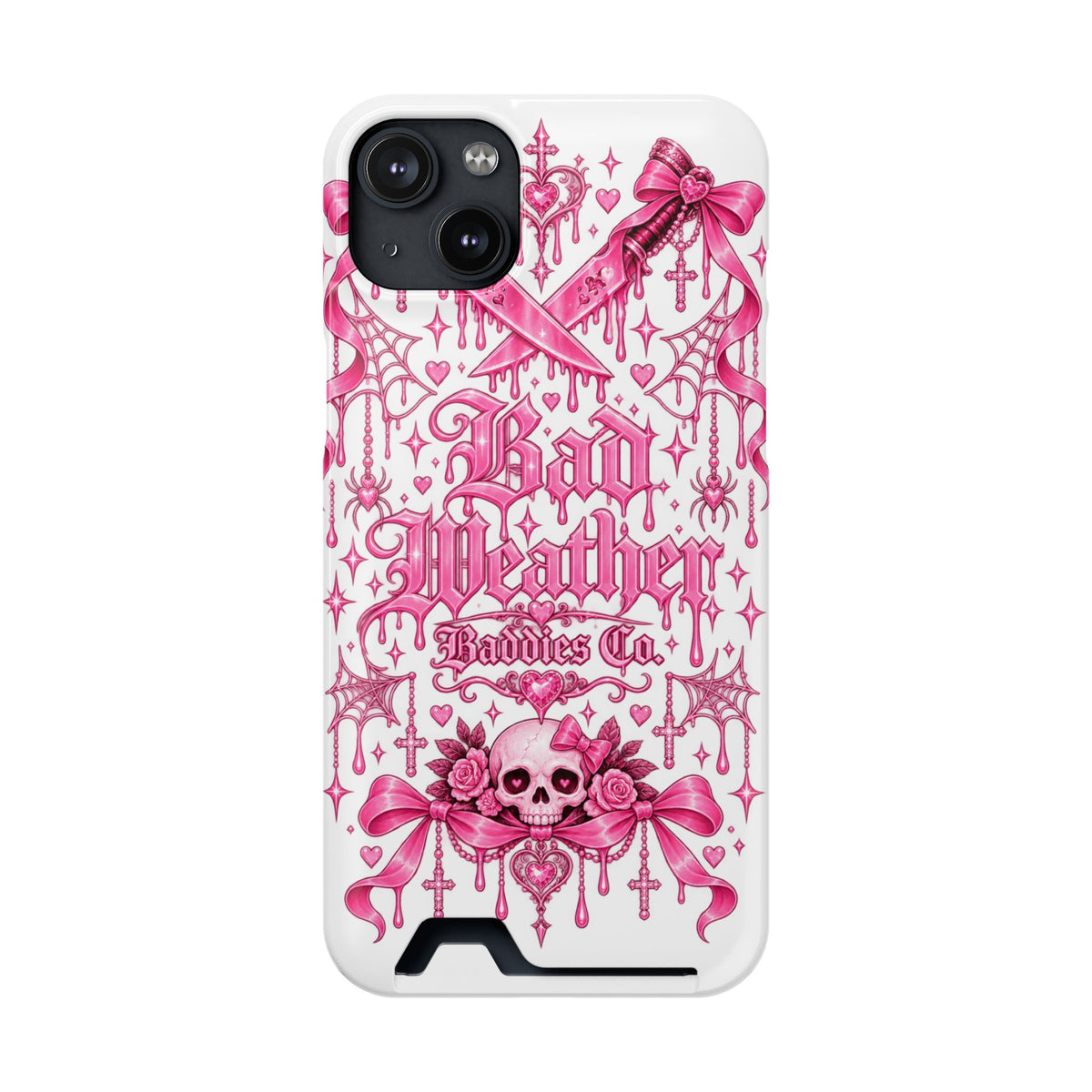 Pink Gothic Coquette Phone Case With Built In Card Holder For Cards