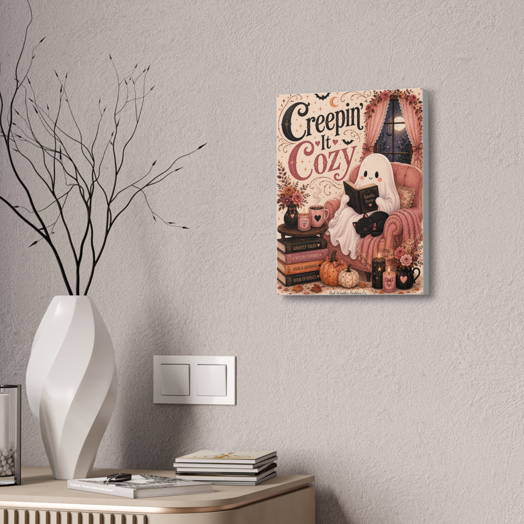 Creepin’ It Cozy Halloween Canvas | Cute Ghost Reading Nook Wall Art Canvas Stretched, 1.5''