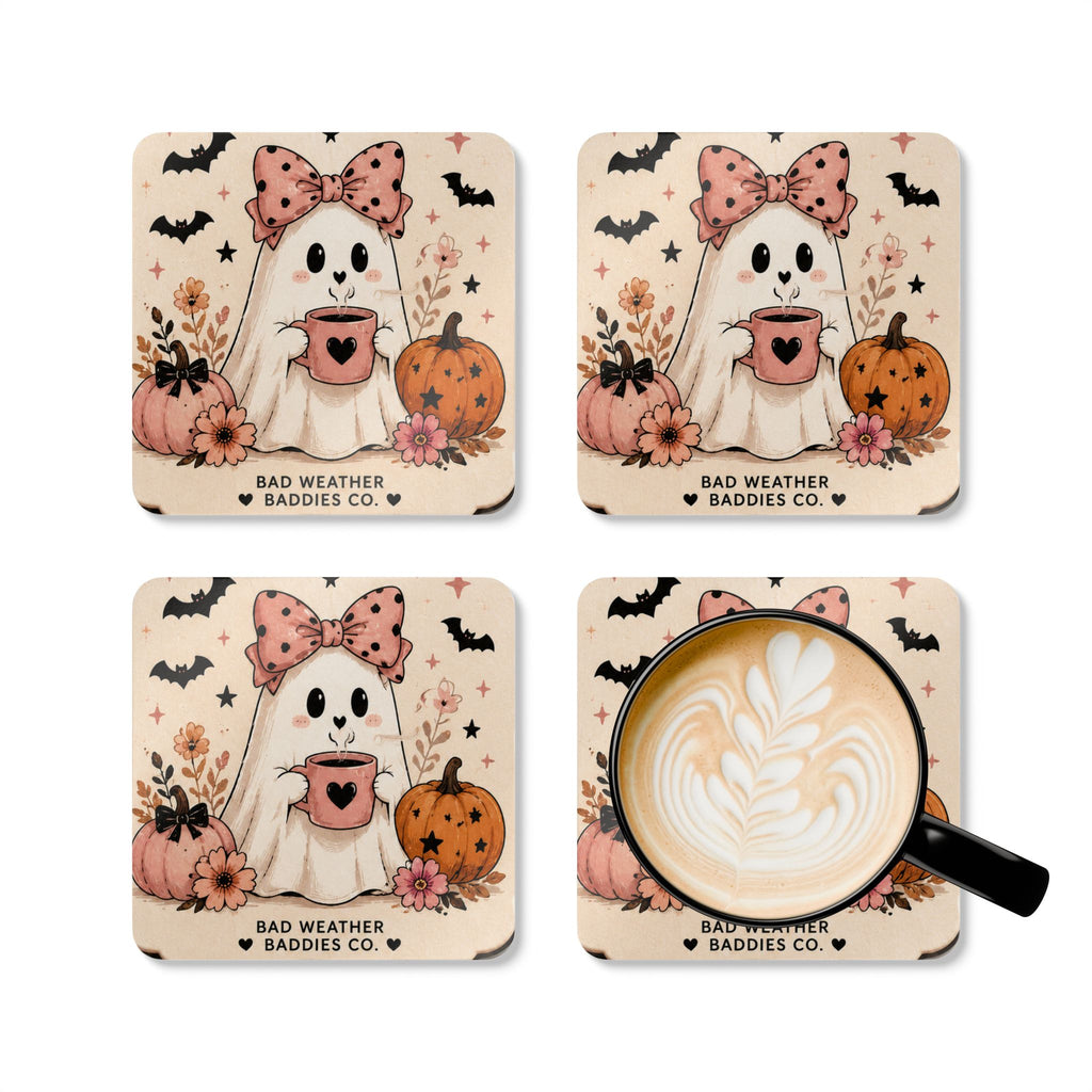 Cute Ghost Coaster Set | Halloween Drink Coasters, Set of 4, Pink Pumpkin Spooky Cute Decor