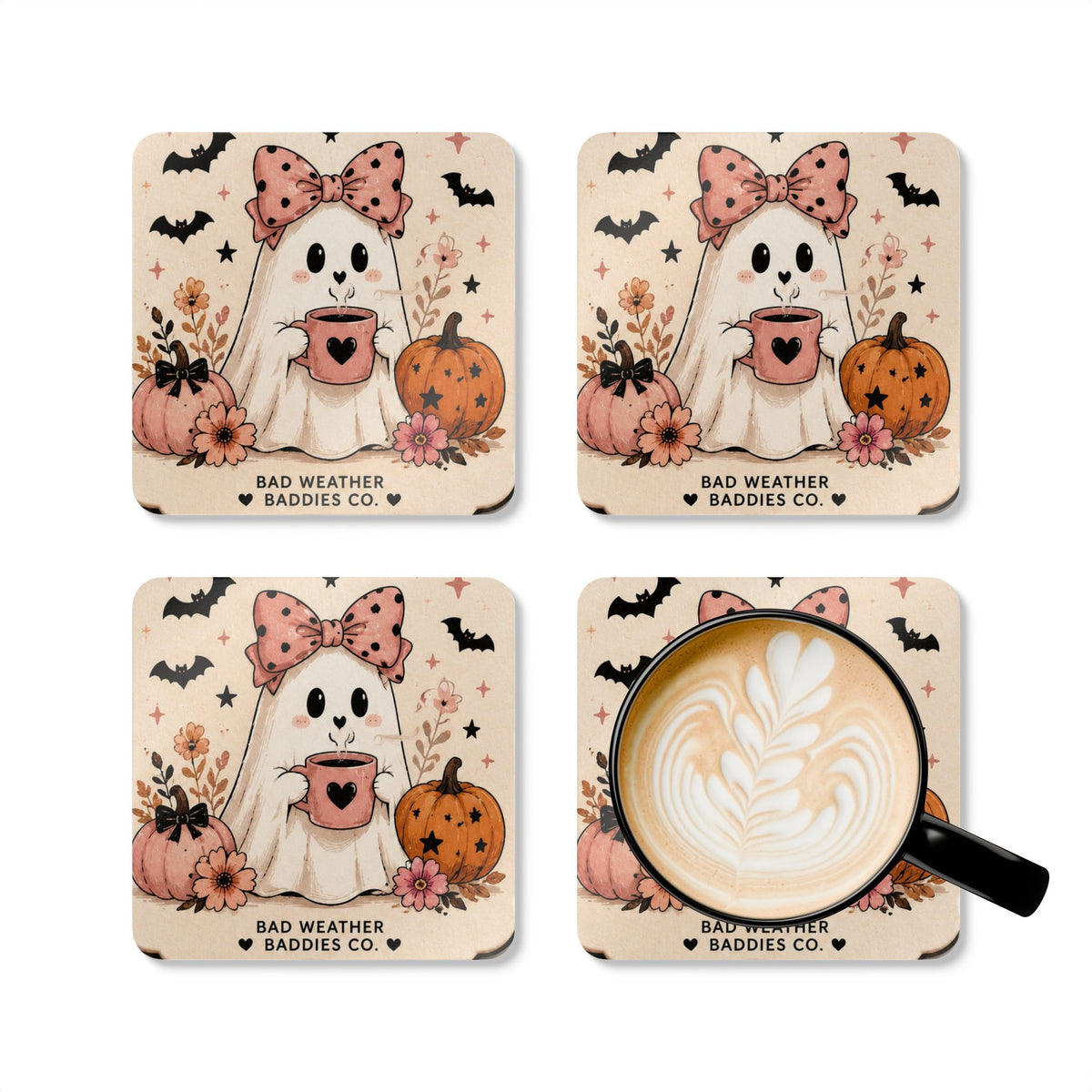 Cute Ghost Coaster Set | Halloween Drink Coasters, Set of 4, Pink Pumpkin Spooky Cute Decor