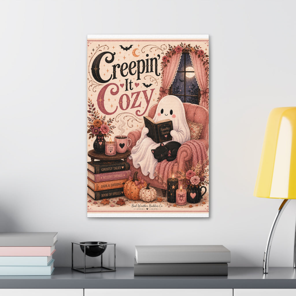 Creepin’ It Cozy Halloween Canvas | Cute Ghost Reading Nook Wall Art Canvas Stretched, 1.5''