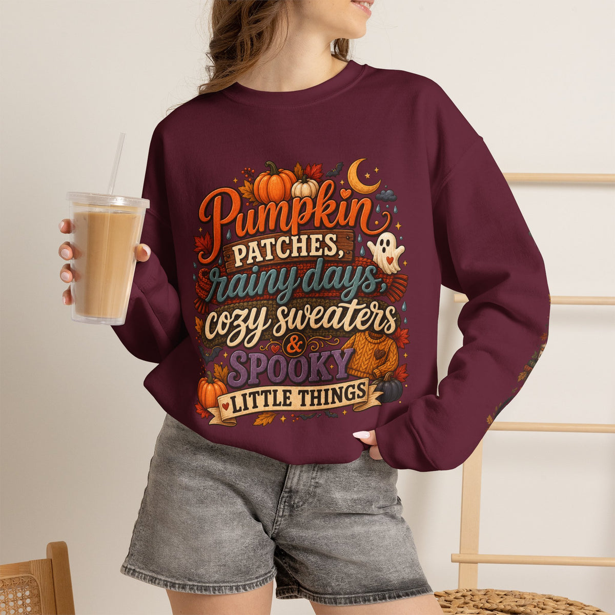 Pumpkin Patches Rainy Days Cozy Sweaters Shirt | Spooky Little Things Fall Tee | Autumn Sleeve Design Sweatshirt | Cute Ghost Fall Shirt