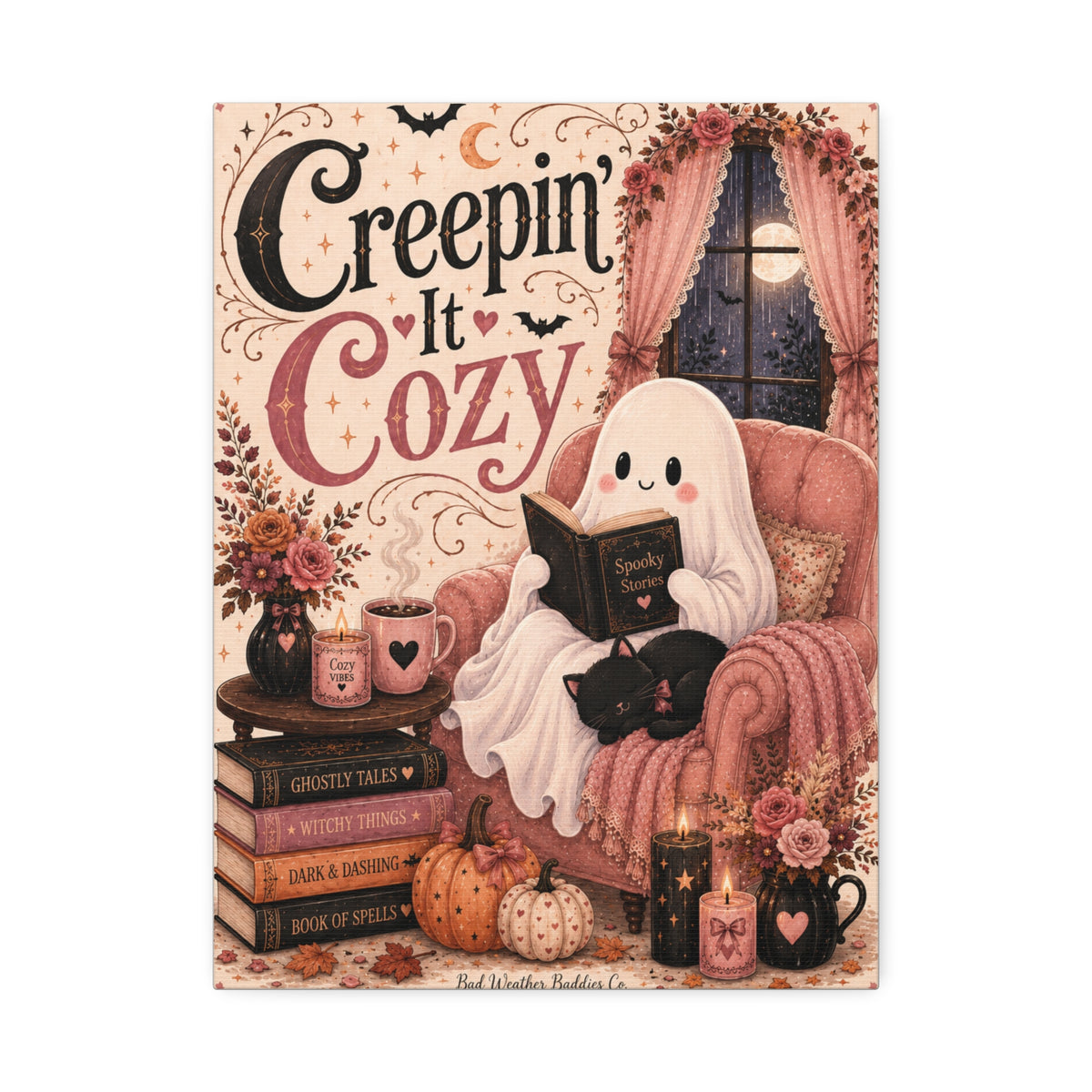 Creepin’ It Cozy Halloween Canvas | Cute Ghost Reading Nook Wall Art Canvas Stretched, 1.5''
