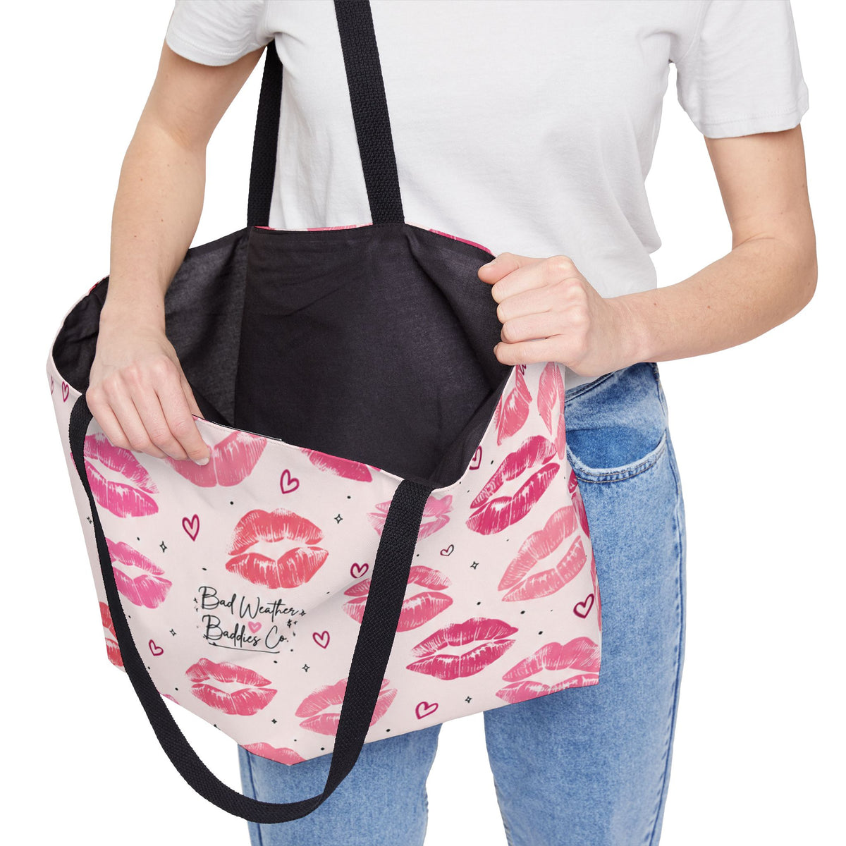 Pink Kiss Print Weekender Tote Bag | Cute Travel Bag | Girly Overnight Weekend Getaway Tote Bag Bad Weather Baddies Co. Weekender Tote Bag