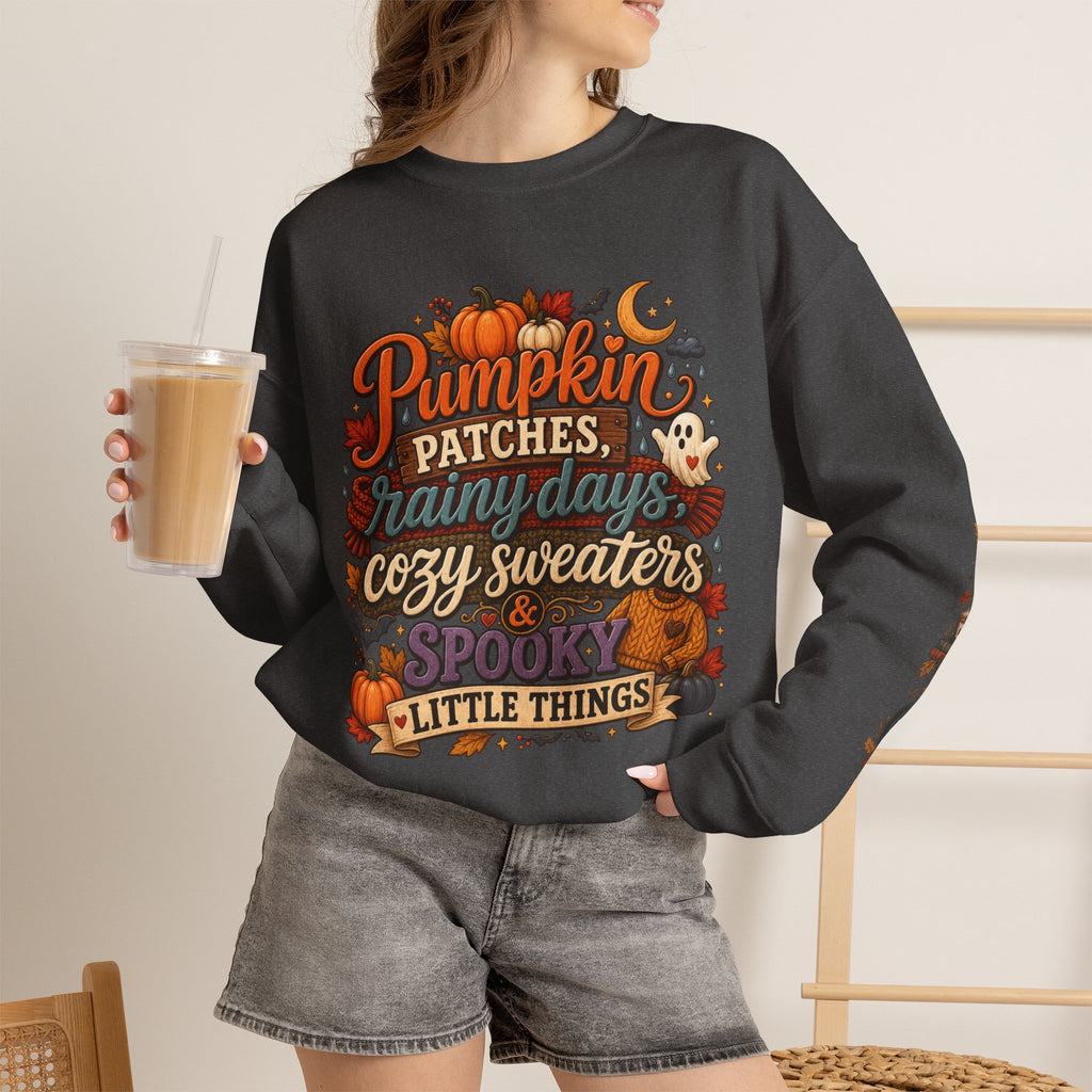Pumpkin Patches Rainy Days Cozy Sweaters Shirt | Spooky Little Things Fall Tee | Autumn Sleeve Design Sweatshirt | Cute Ghost Fall Shirt