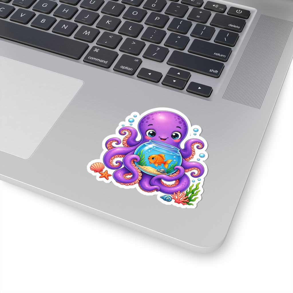 Cute Octopus Sticker | Octopus Holding Fish Bowl Sticker | Whimsical Ocean Animal Decal | Aquarium Lover Gift Kiss-Cut Stickers