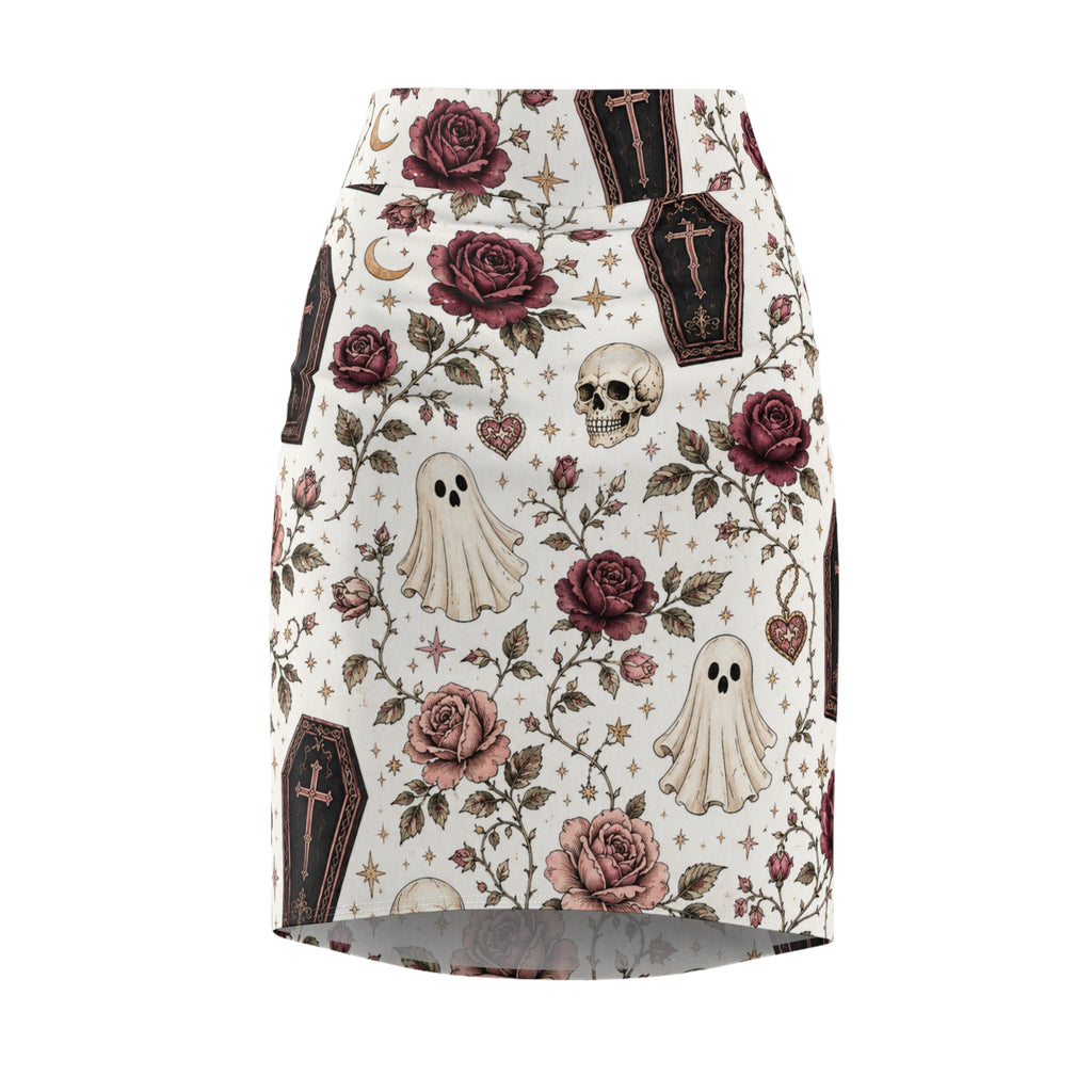 Gothic Coffin & Floral Pencil Skirt | White