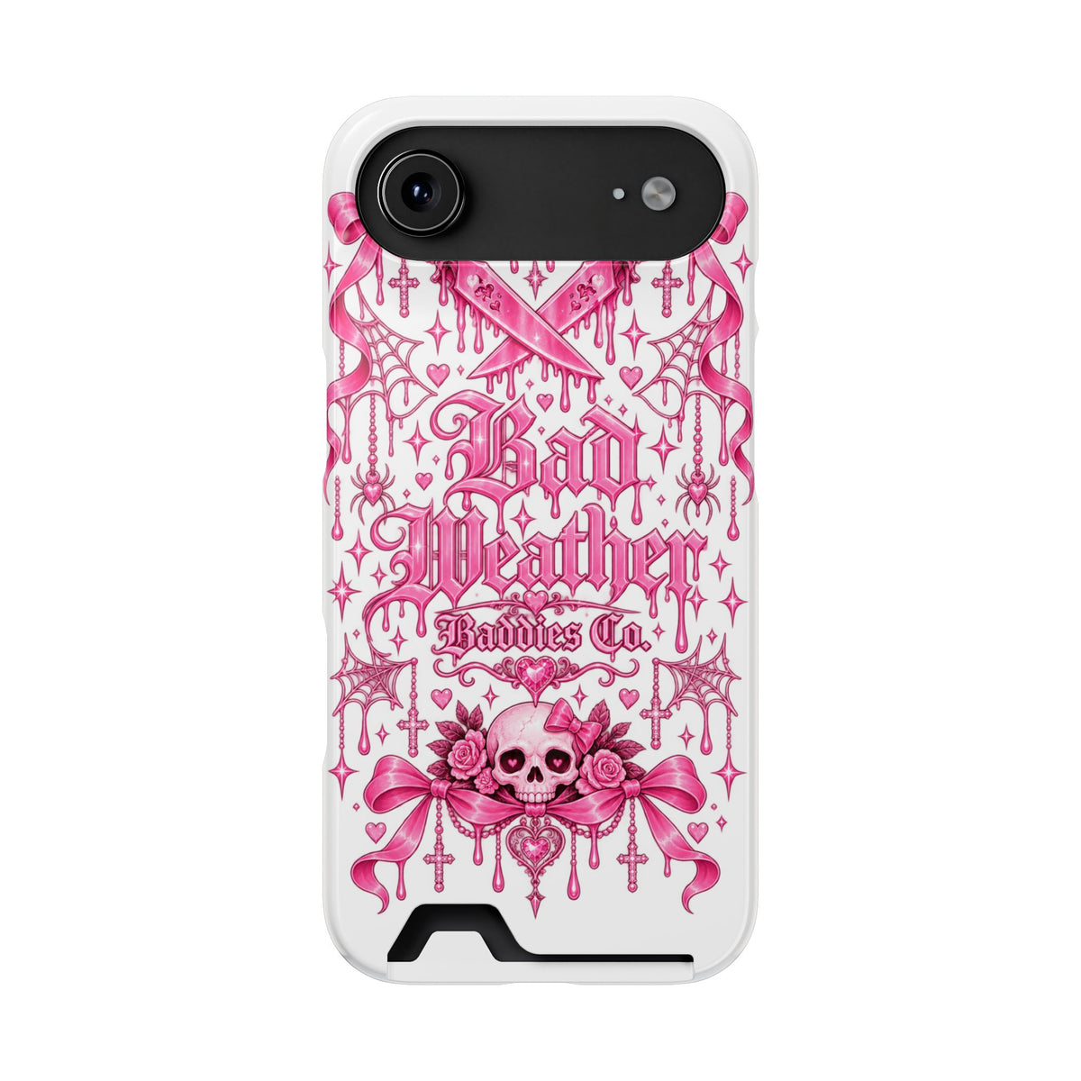 Pink Gothic Coquette Phone Case With Built In Card Holder For Cards