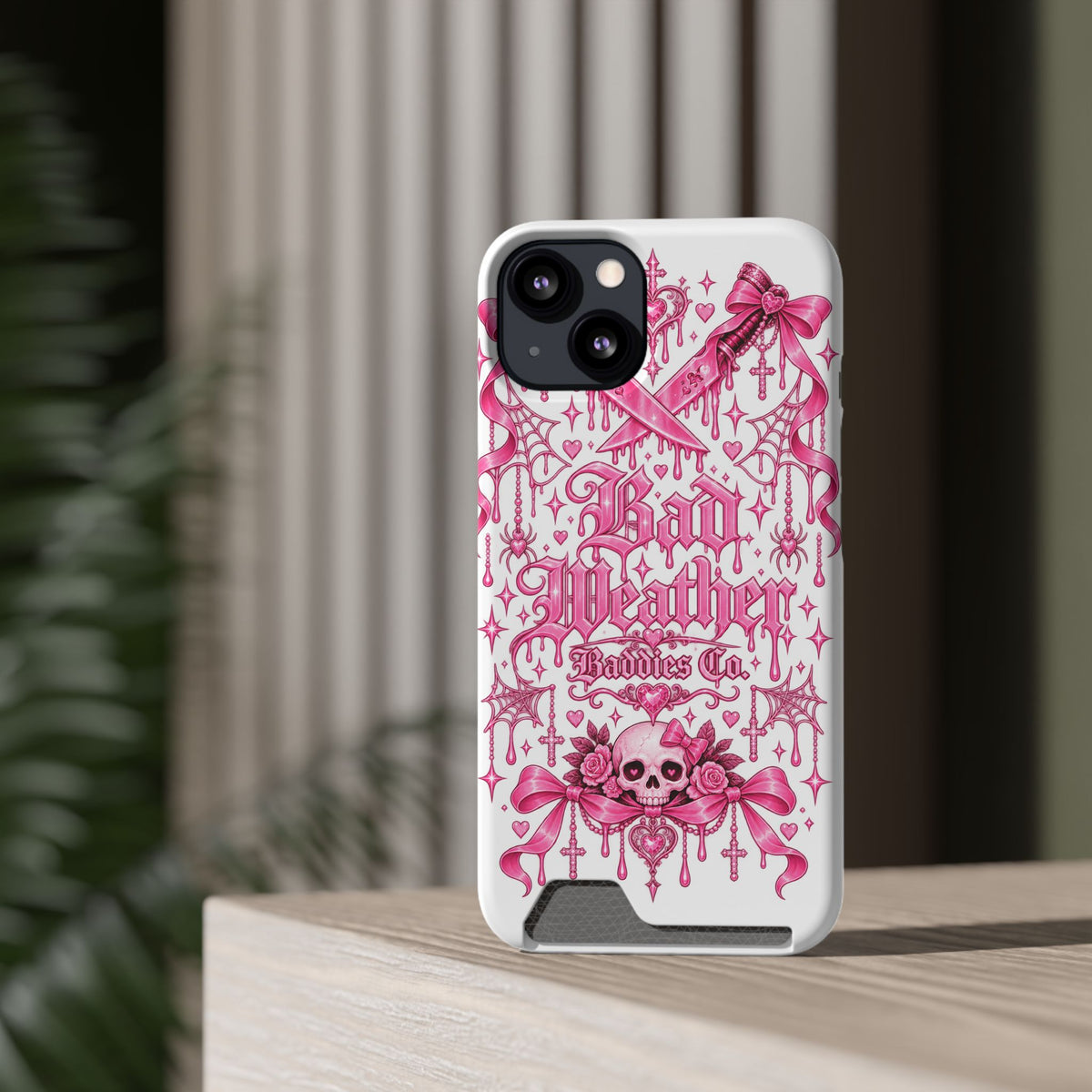 Pink Gothic Coquette Phone Case With Built In Card Holder For Cards