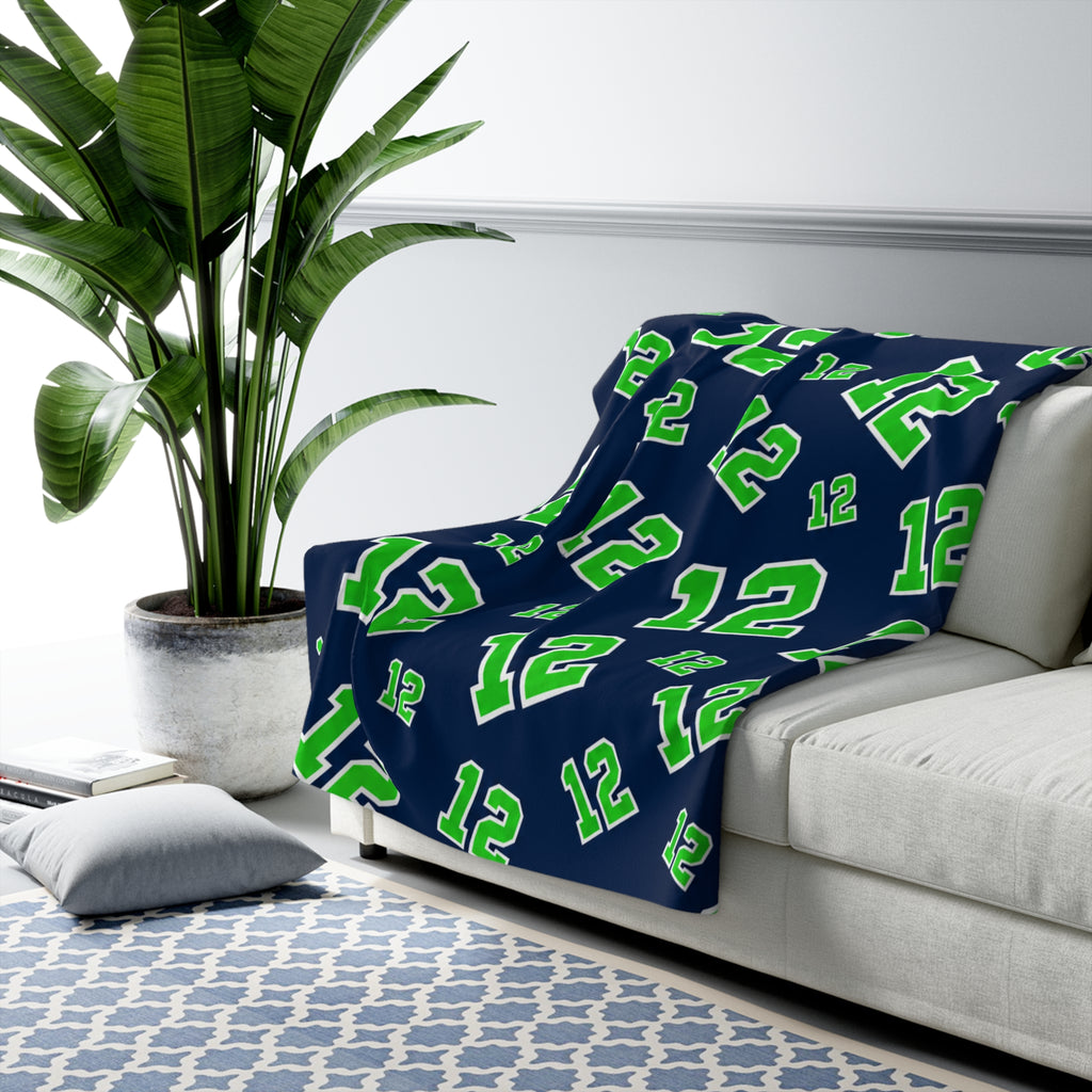PNW 12 Fan Sherpa Fleece Blanket | Navy & Green Football Blanket | Game Day Gift | Cozy Sports Fan Throw